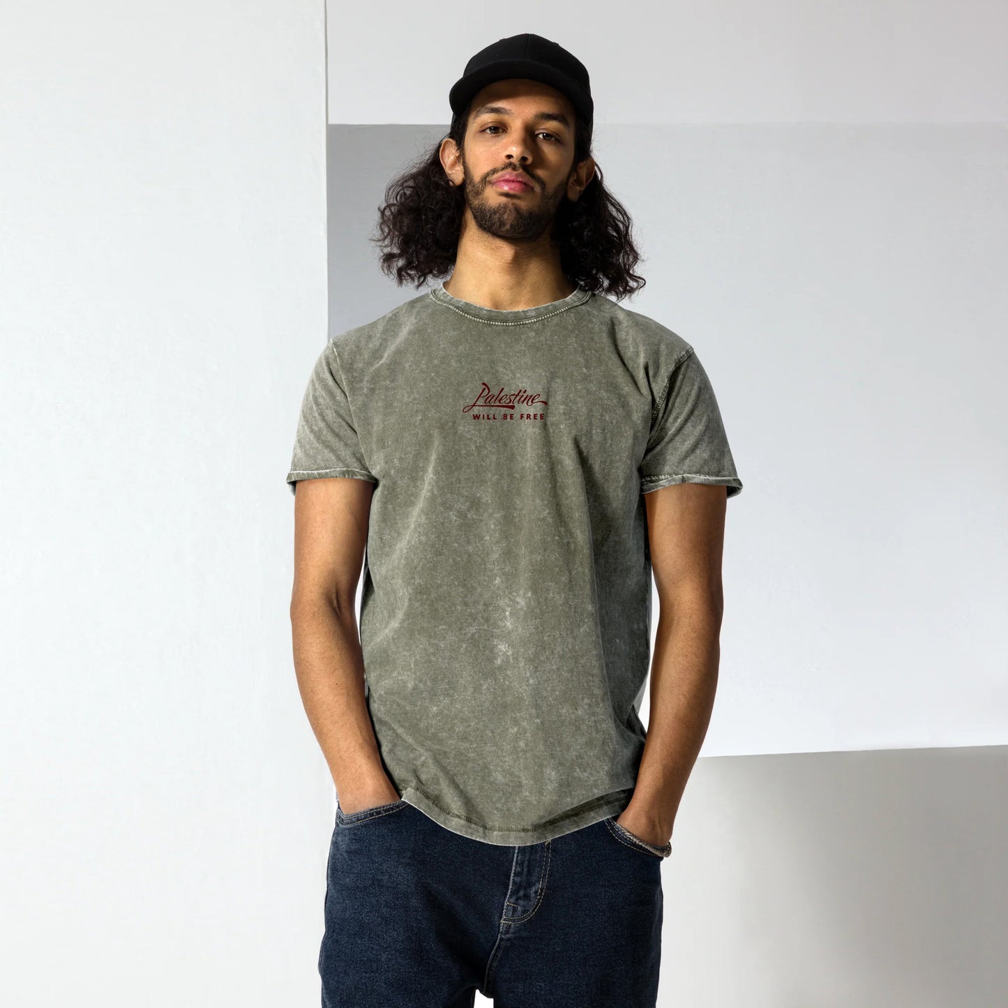 'Will Be Free' Embroidered Denim Tee