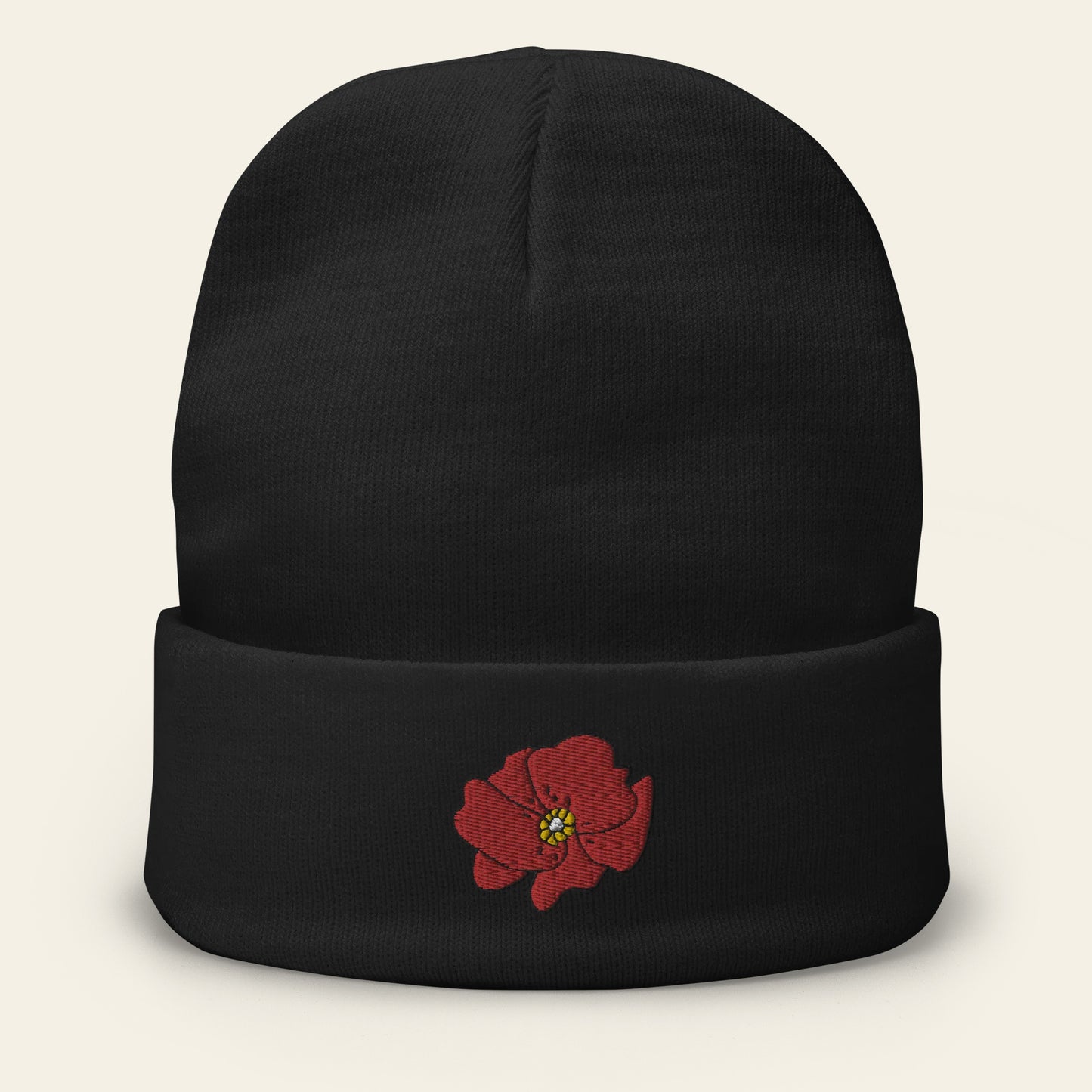 Poppy Flower Embroidered Beanie