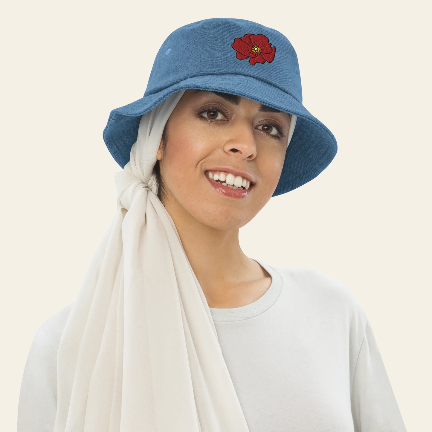 Poppy Flower denim bucket hat